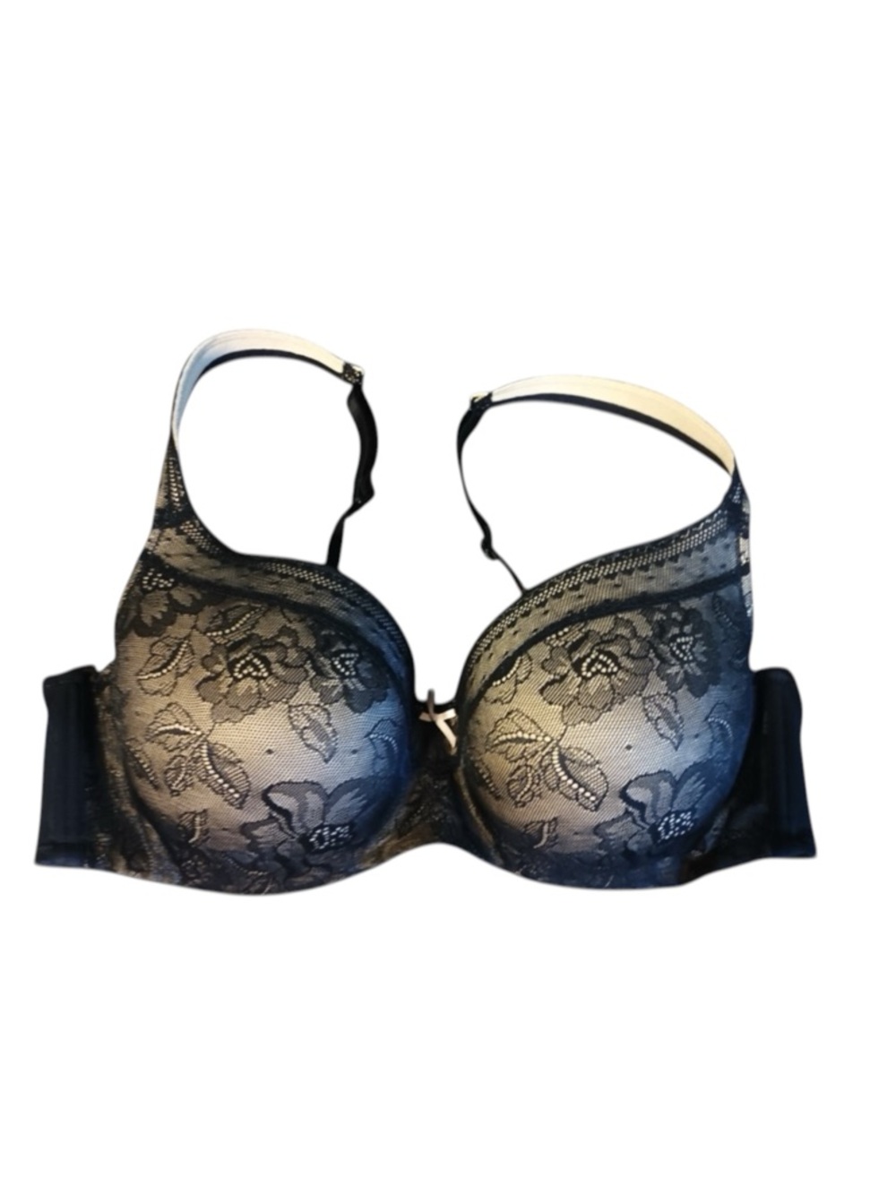 Cacique Modern Lace Covered Lightly Lined Balconette Black Floral Bra Size 40C